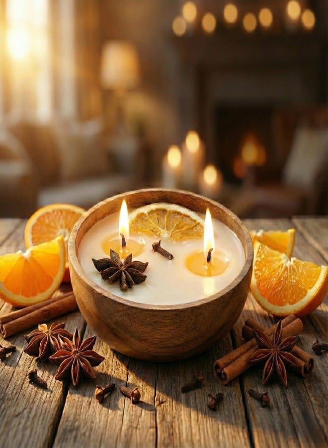 Sage & Herbs Aroma Spice Candle 120g with Orange Star Anise Cinnamon Cloves in Acacia Wood Bowl - 2 Wick (Medium) |100% Natural Wax | Smoke-Free Highly Scented & Long Lasting | Best for Home, Office - Image 2